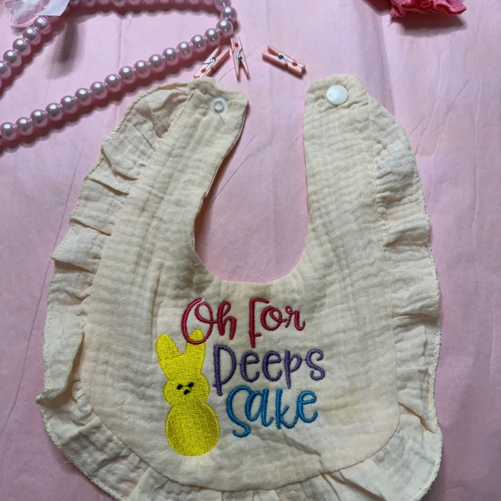 Personalized muslin cotton Oh For Peeps Sake Ruffled Baby Bib Easter